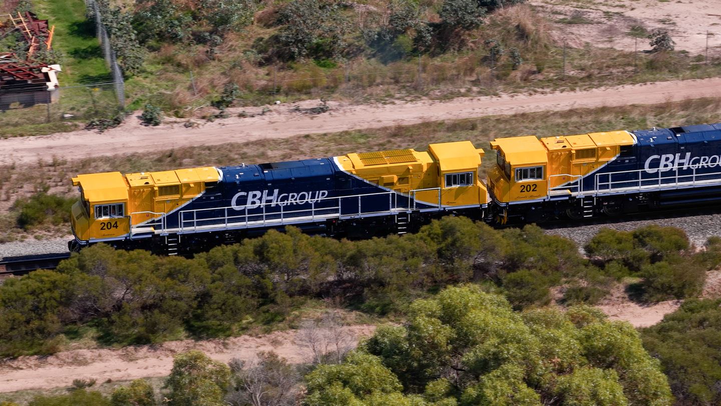 Image of a new CBH narrow-gauge locomotive undergoing testing on rail network