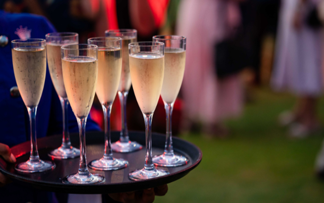 Champagne glasses on tray