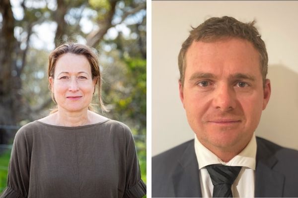 Two headshots of a man and a woman side by side
