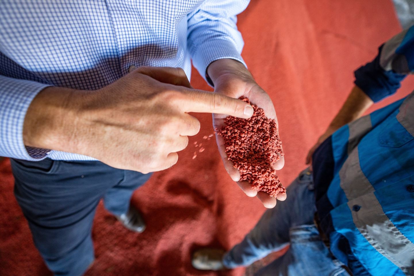 A close up shot of a person wearing a blue checked shirt holding granules of red fertiliser in their hands