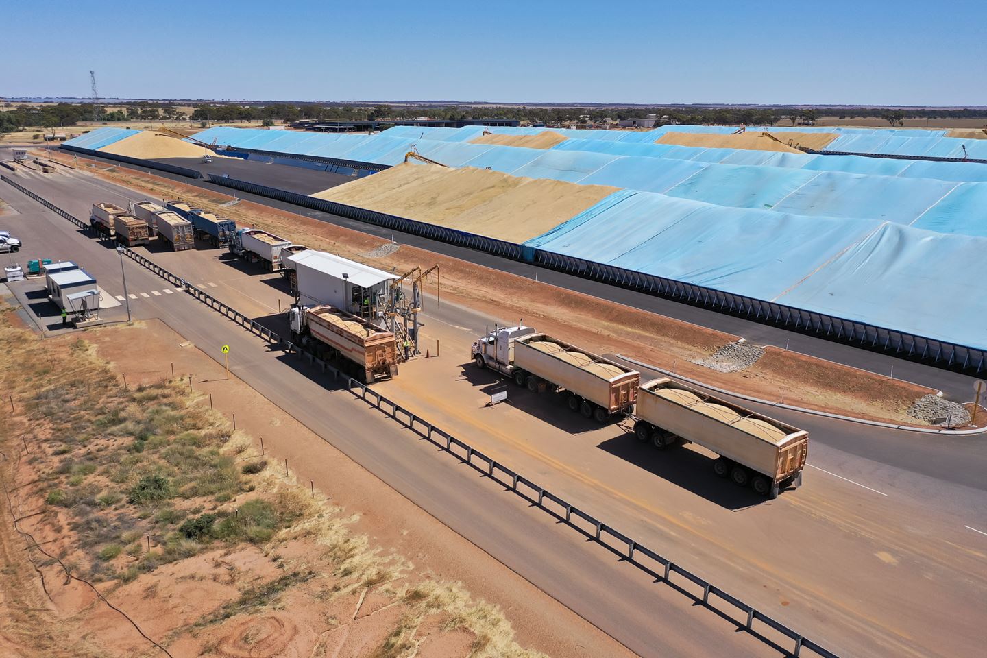 Aerial image of trucks preparing to deliver on site at Merredin