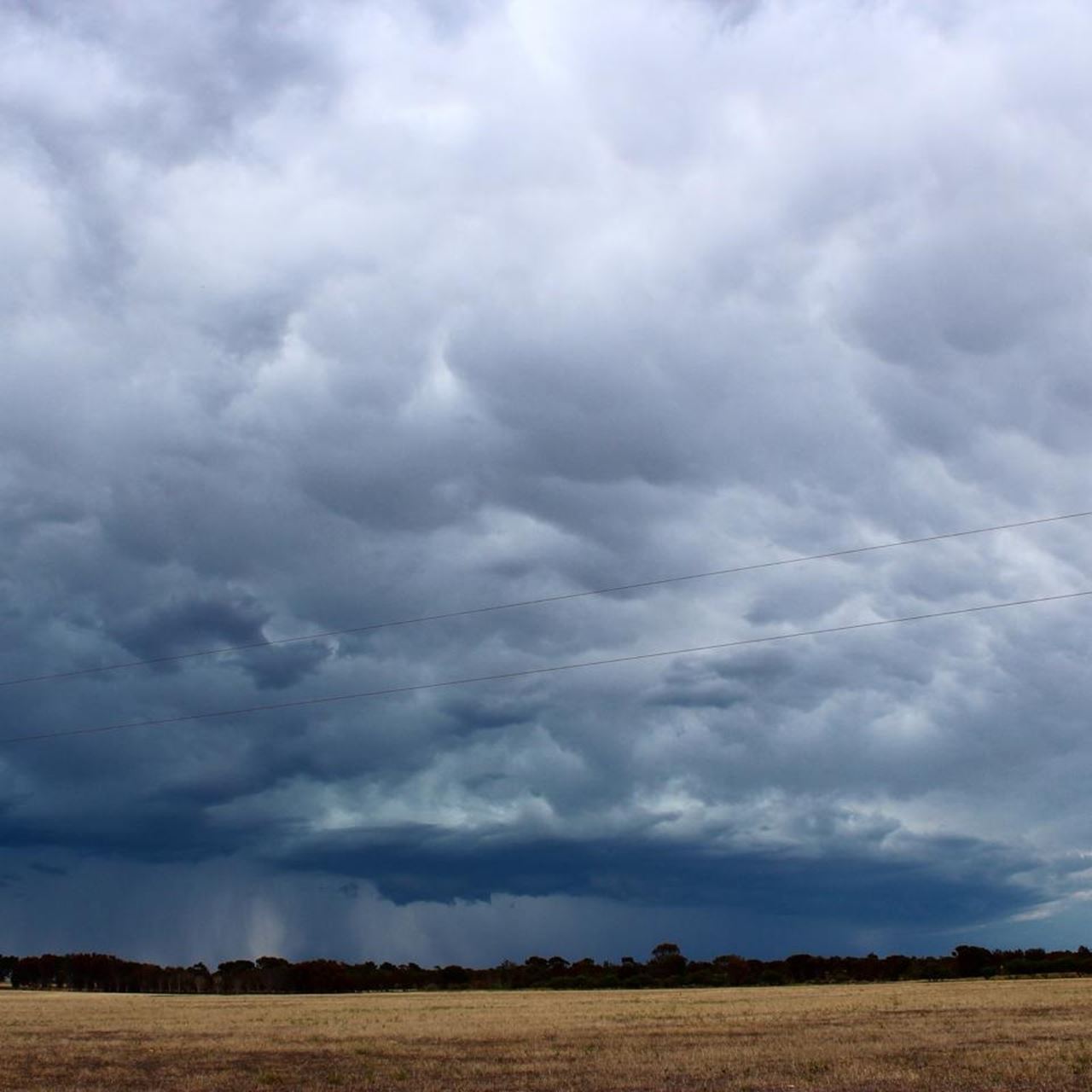 Grey storm clouds over a paddock of golden wheat stubble