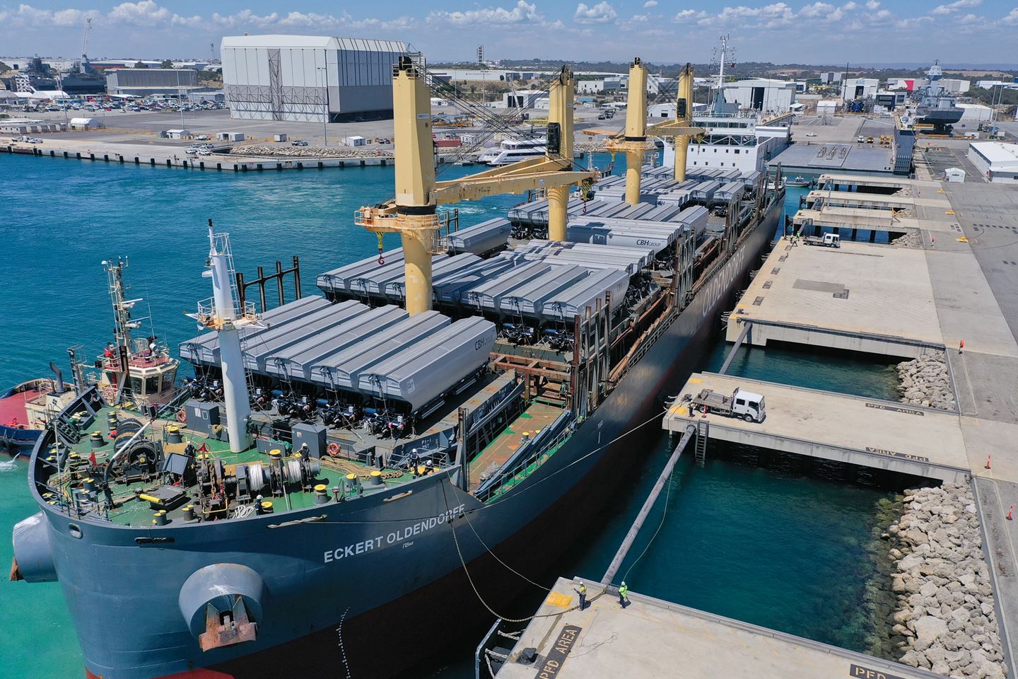 An aerial image of the first batch of grain hopper wagons arriving on Eckert Oldendorff into Australian Marine Complex.
