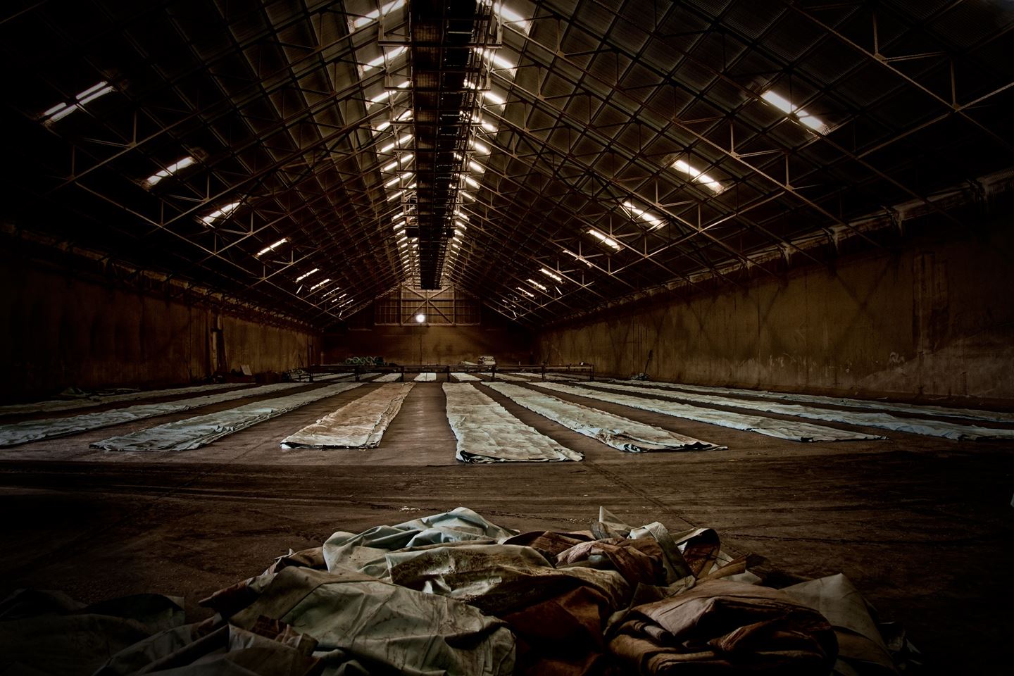 Artistic shot of inside CBH Mullewa horizontal storage facility, with CBH open bulkhead tarps rolled out in preparation for harvest.