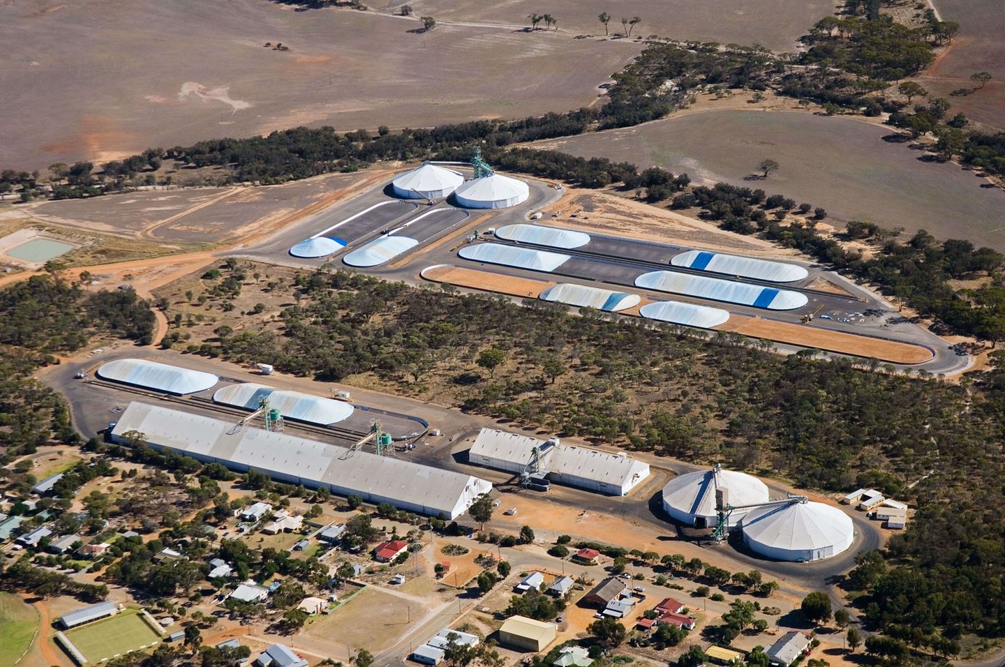 Drone aerial of CBH Borden site showing sealed storages and open bulkheads